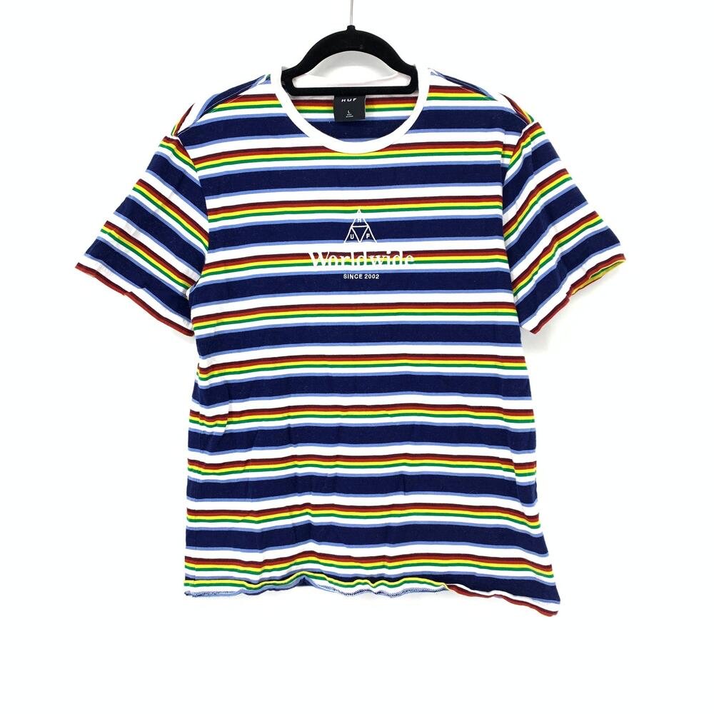 HUF Men's Size L Graphic T-Shirt Rainbow Striped Short Sleeves Multicolor *READ